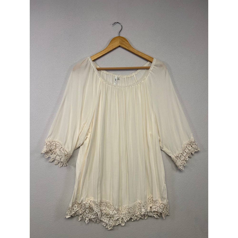 Boho Cottagecore NY Collection Women 3X Ivory Crochet Lace Trim Peasant Blouse